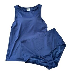 Lands End Tankini Swimsuit Sz 8/10 Navy Blue High Waist High Neck Modest Beach
